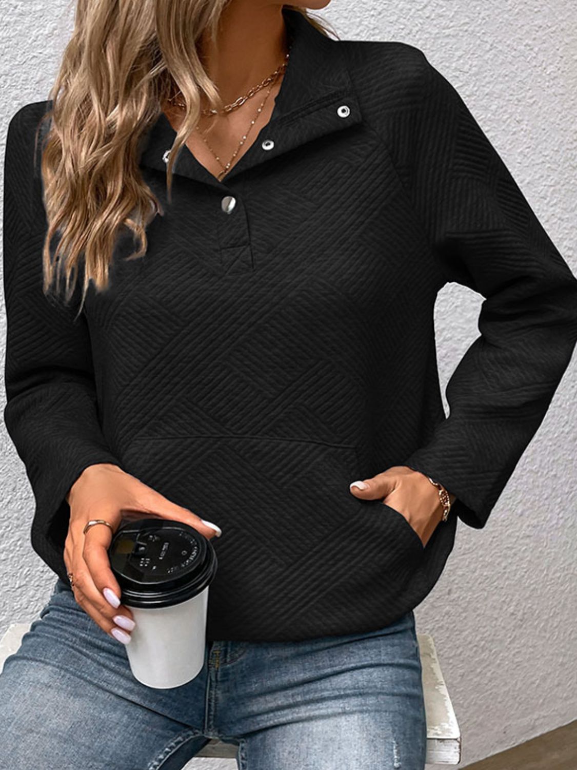 Perfee Half Buttoned Collared Neck Sweatshirt with Pocket