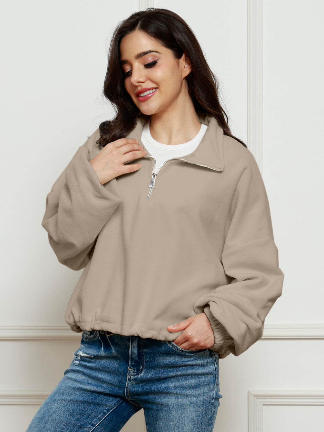 Half-Zip Collared Drop Shoulder Fleece Sweatshirt