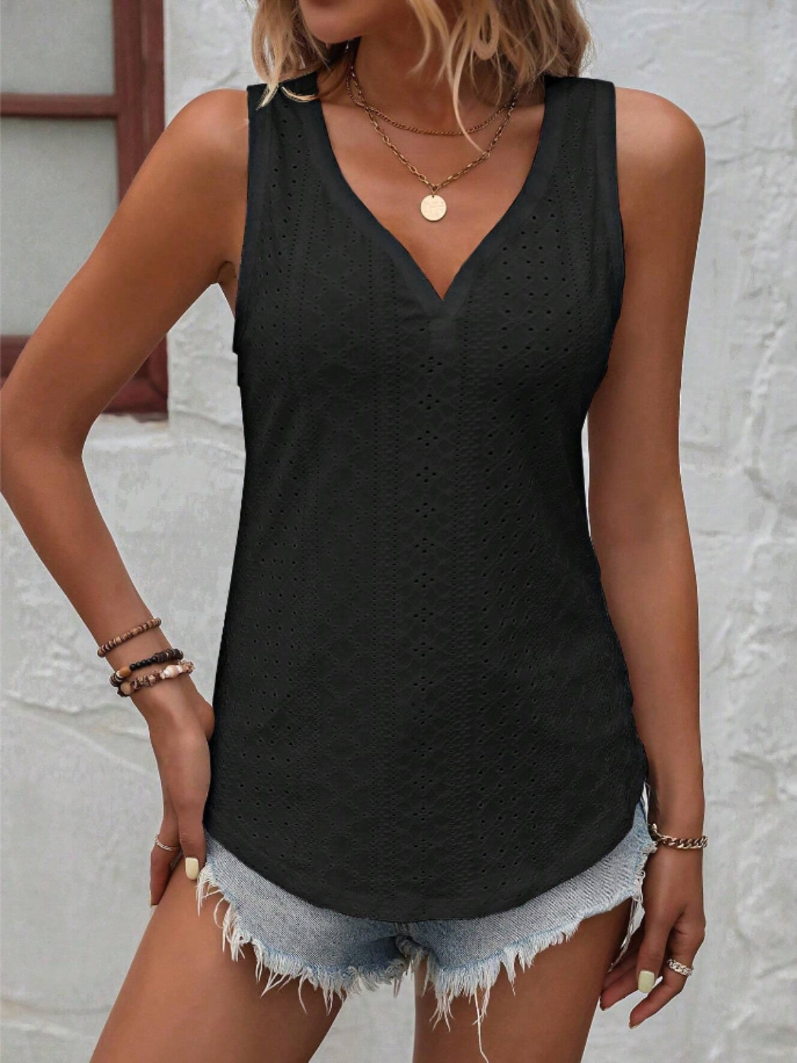 Eyelet V-Neck Wide Strap Tank