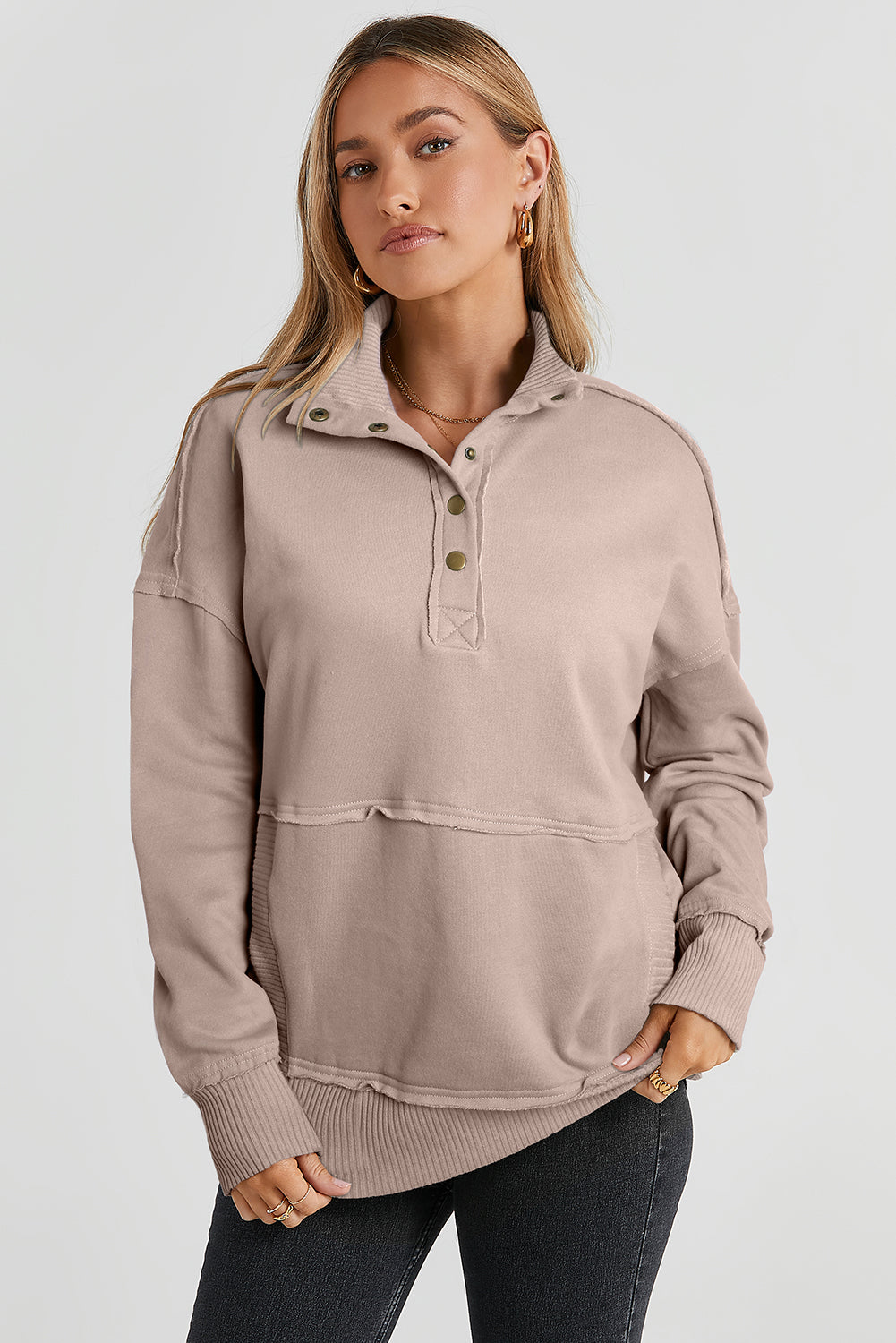 Half Snap Drop Shoulder Long Sleeve Sweatshirt