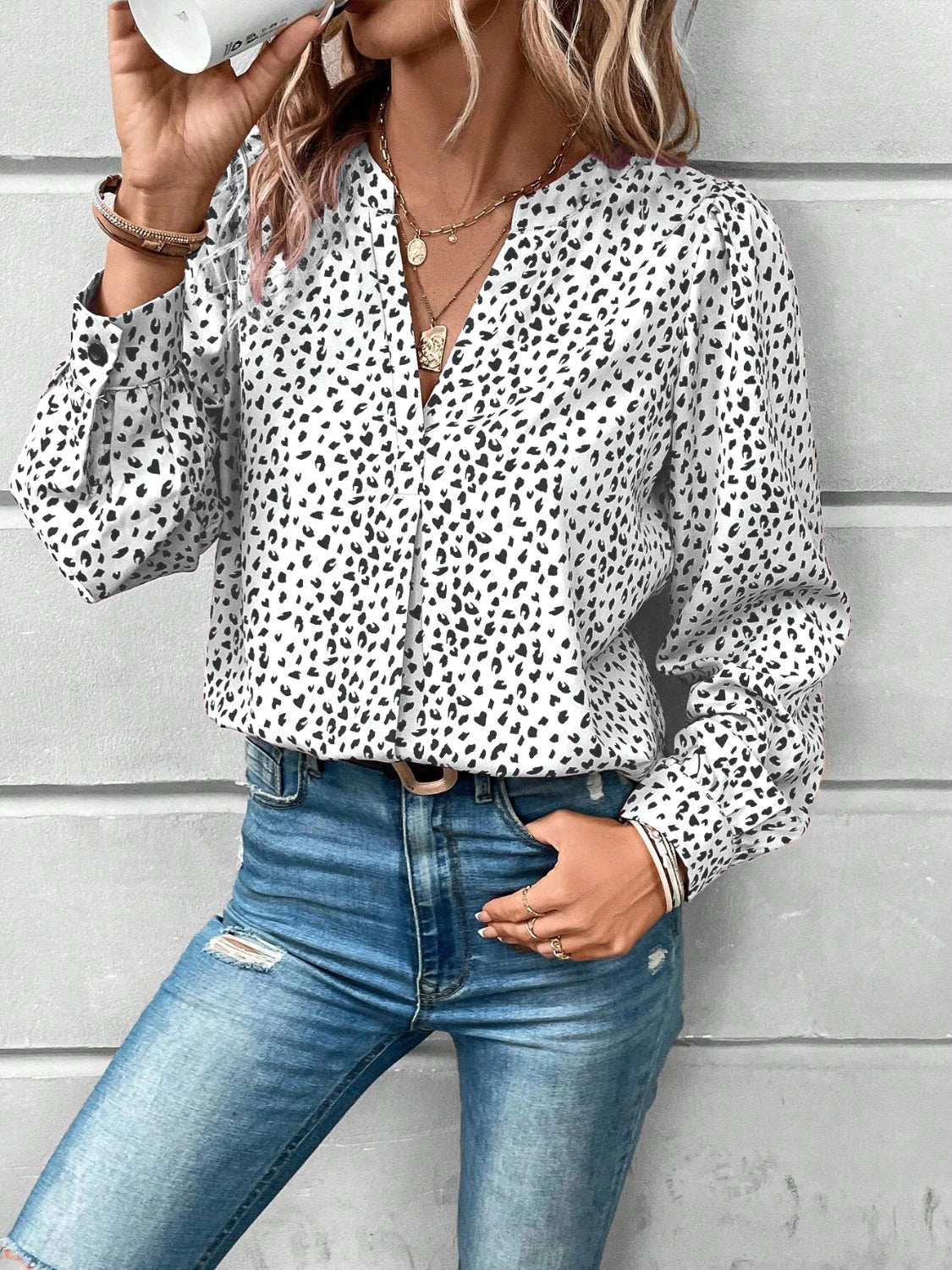 Printed Notched Long Sleeve Blouse