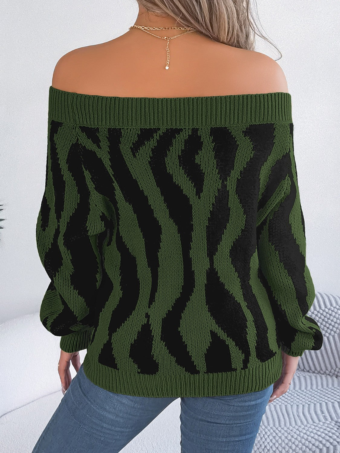 Off-Shoulder Animal Print Long Sleeve Sweater