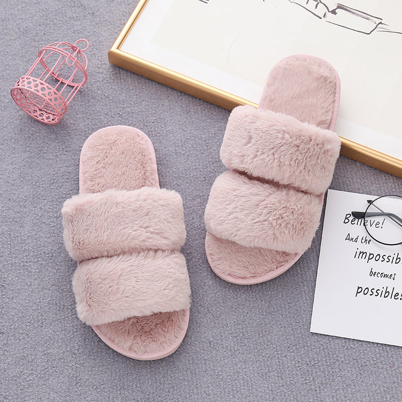 Faux Fur Double Strap Slippers