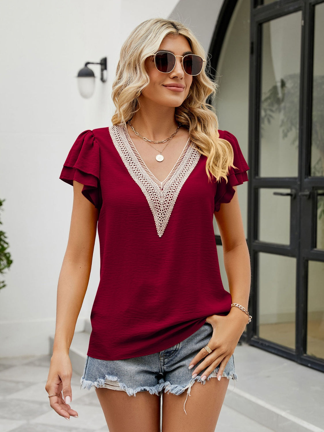 V-Neck Flutter Sleeve Blouse