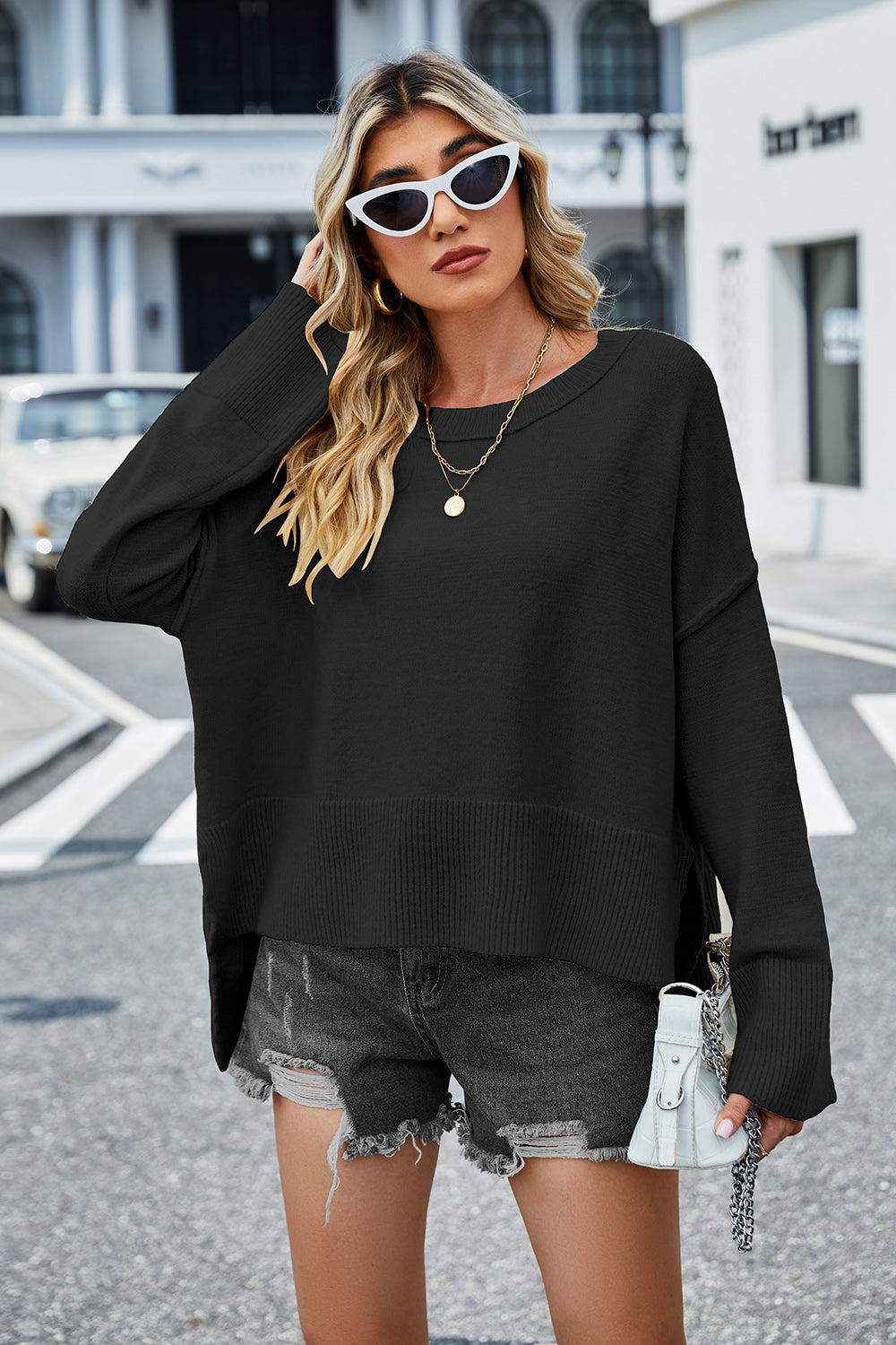 High-Low Slit Round Neck Long Sleeve Sweater