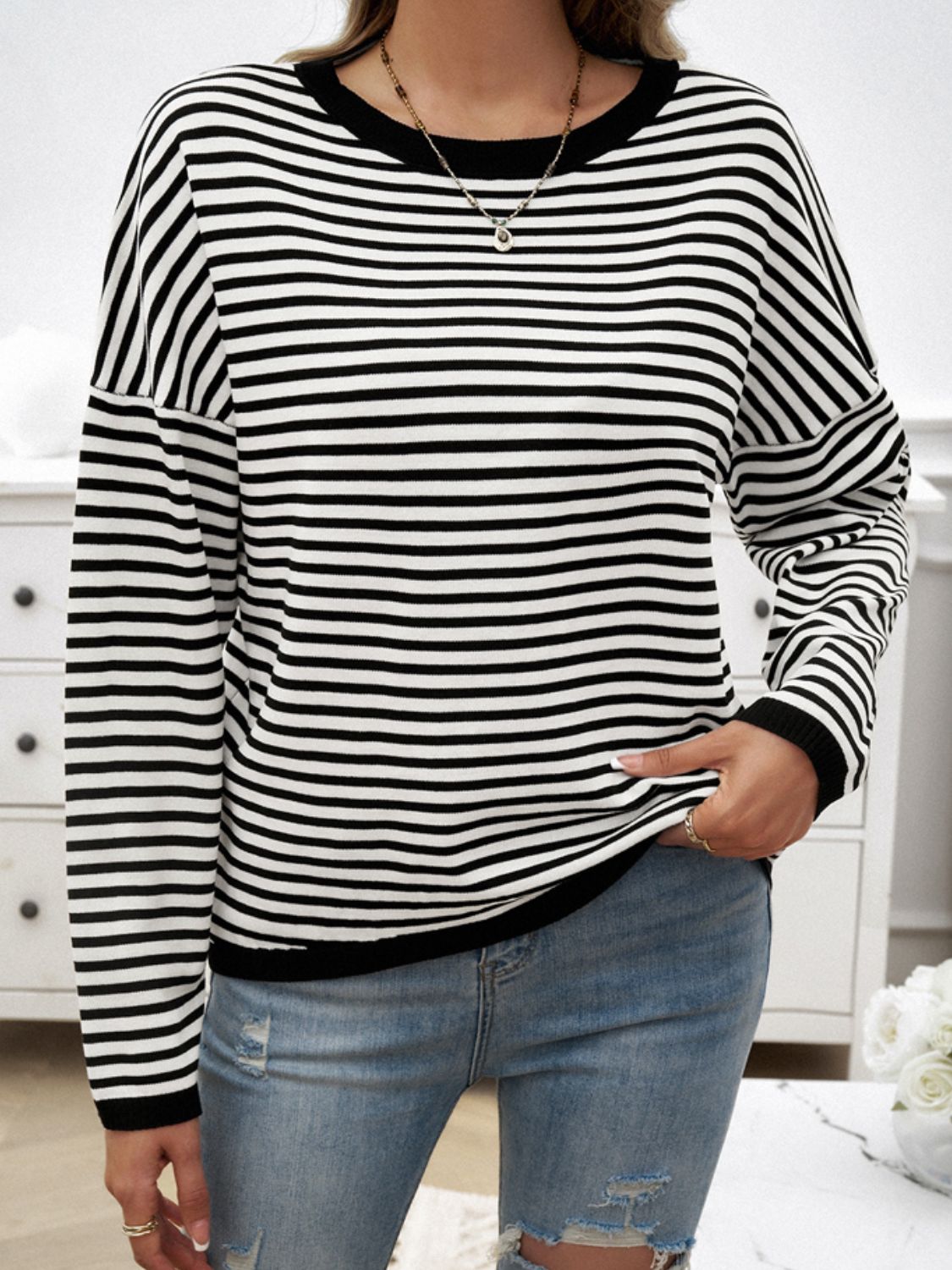 Devine Striped Round Neck Dropped Shoulder Sweater