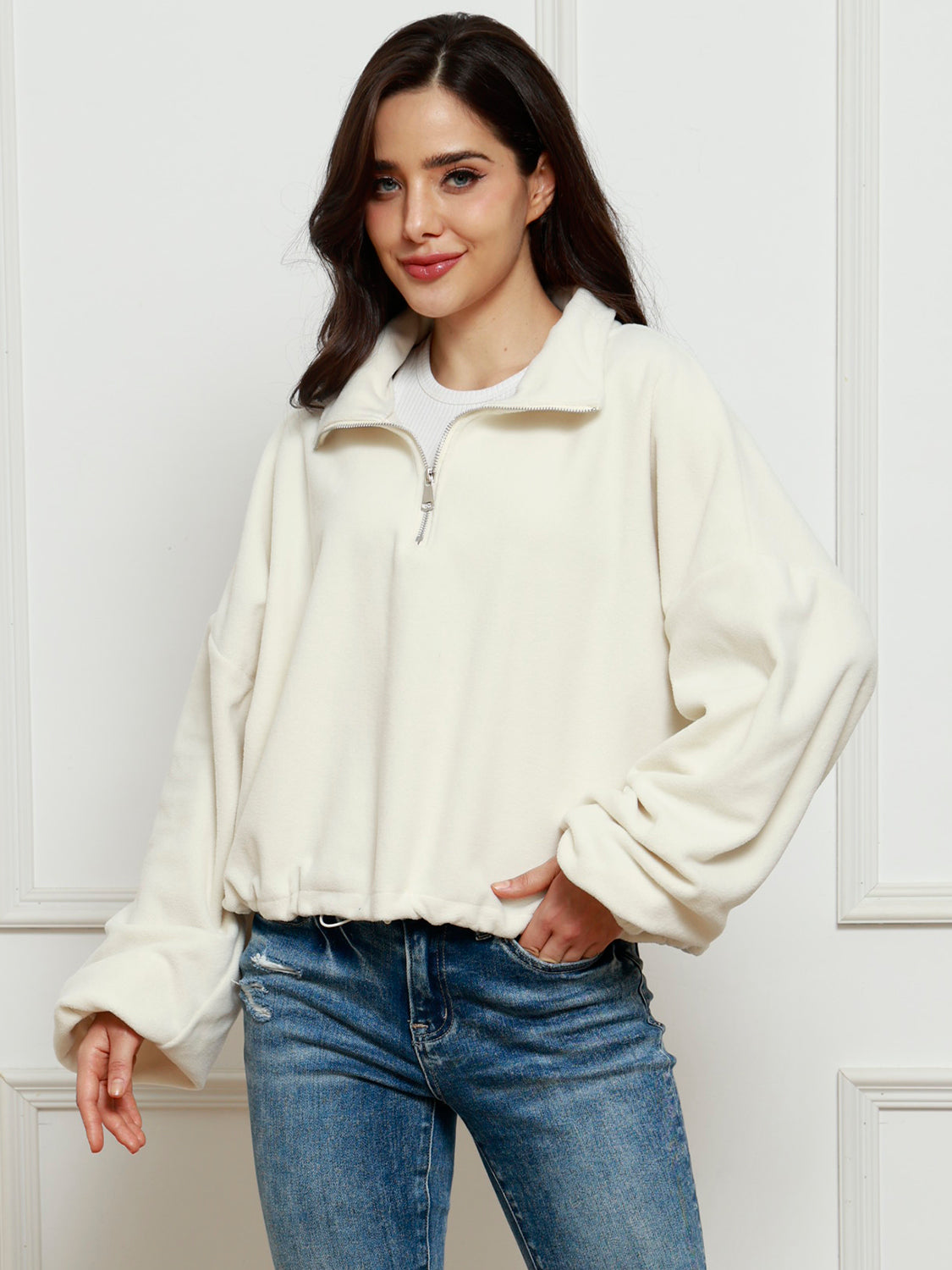 Half-Zip Collared Drop Shoulder Fleece Sweatshirt