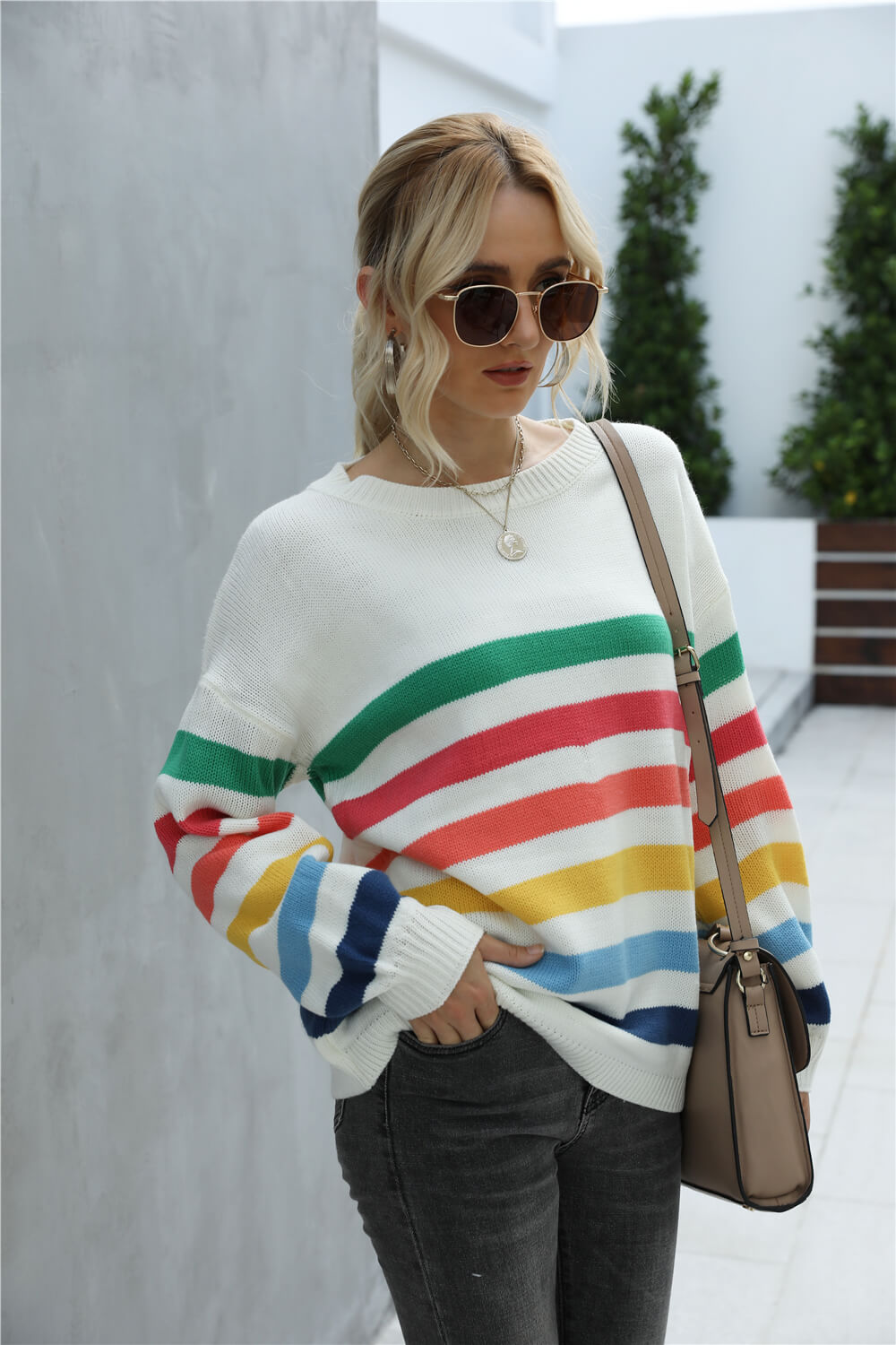 Angel Wings Rainbow Stripe Dropped Shoulder Sweater