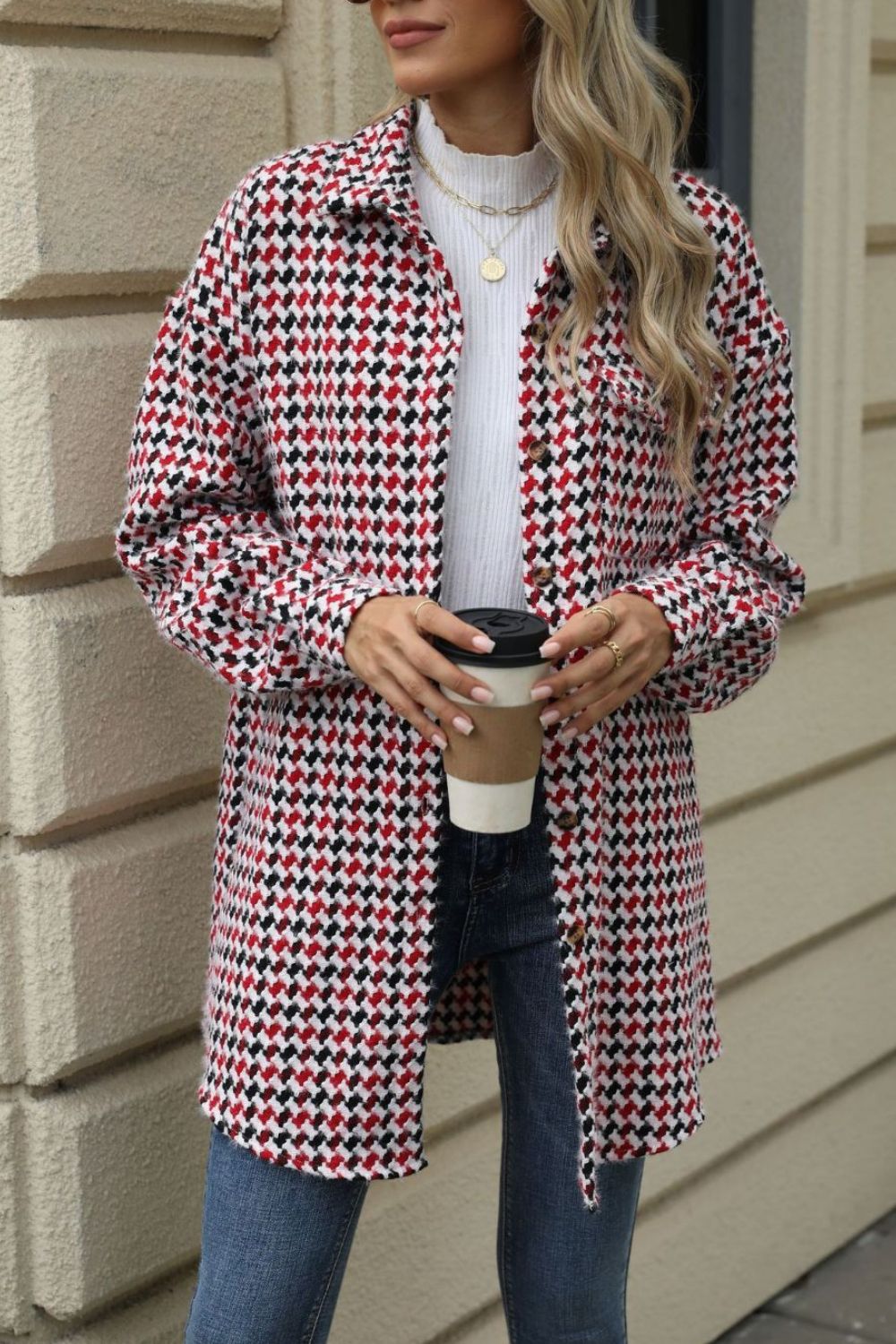 Houndstooth Button Up Dropped Shoulder Coat