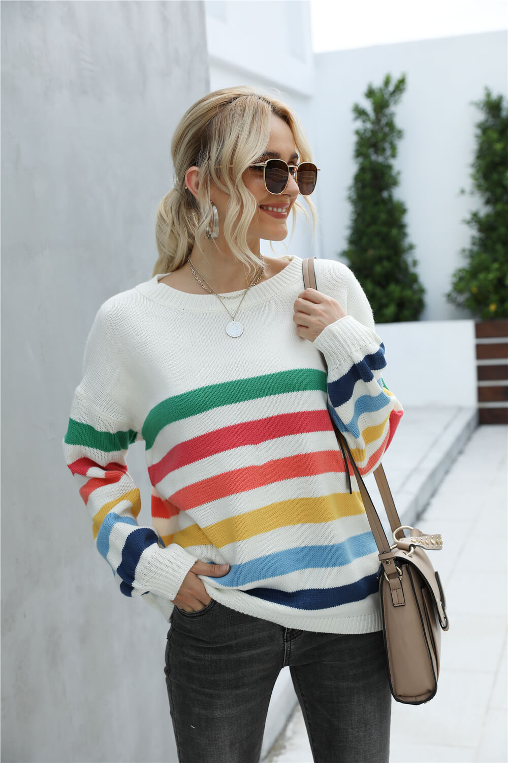 Angel Wings Rainbow Stripe Dropped Shoulder Sweater