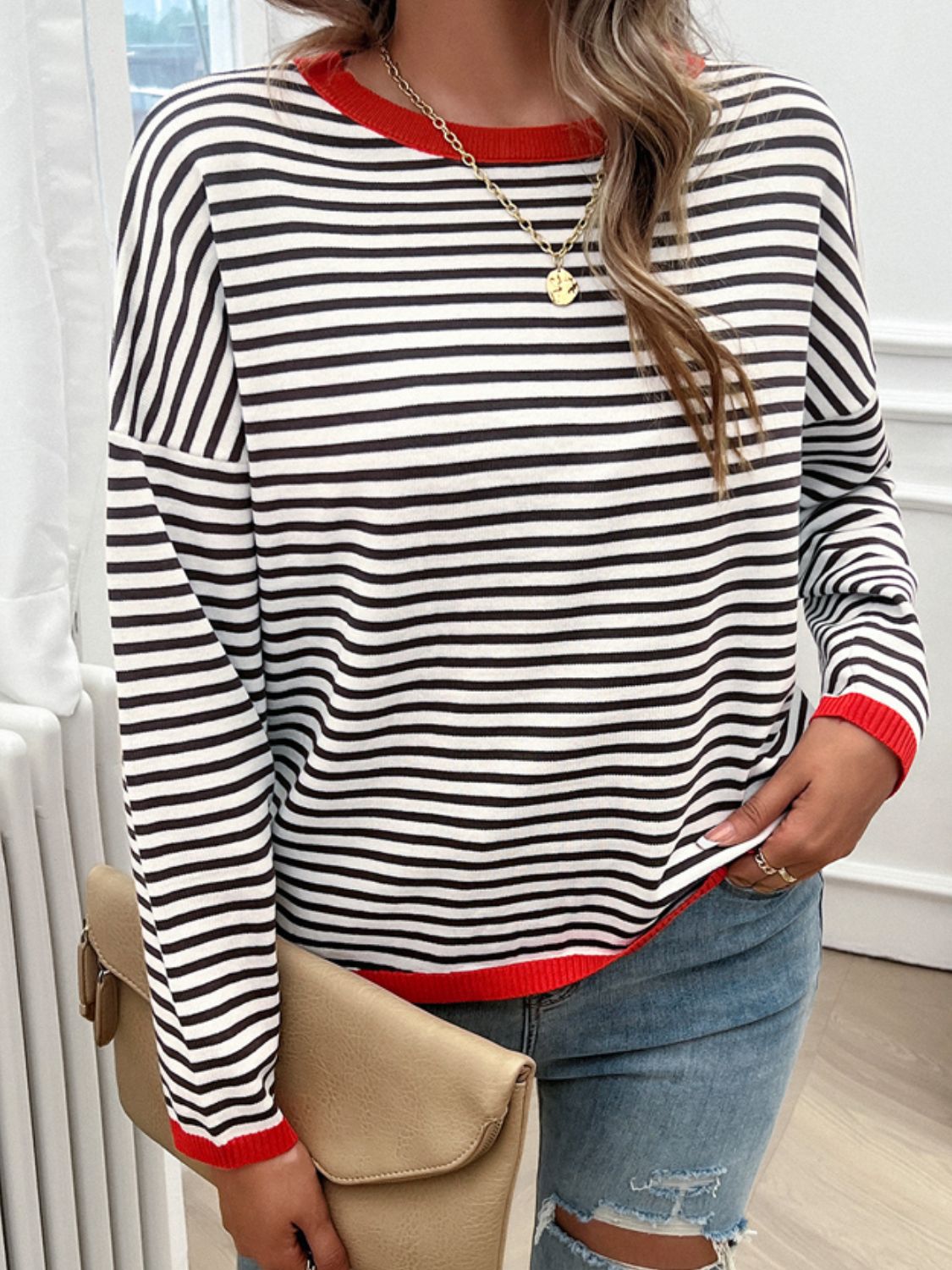 Devine Striped Round Neck Dropped Shoulder Sweater