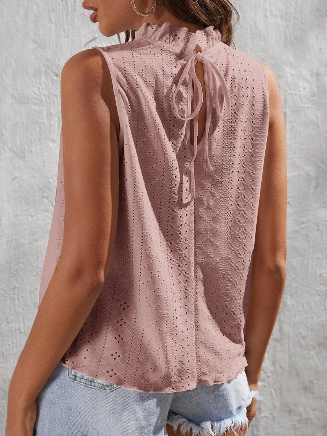 Tied Eyelet Mock Neck Tank