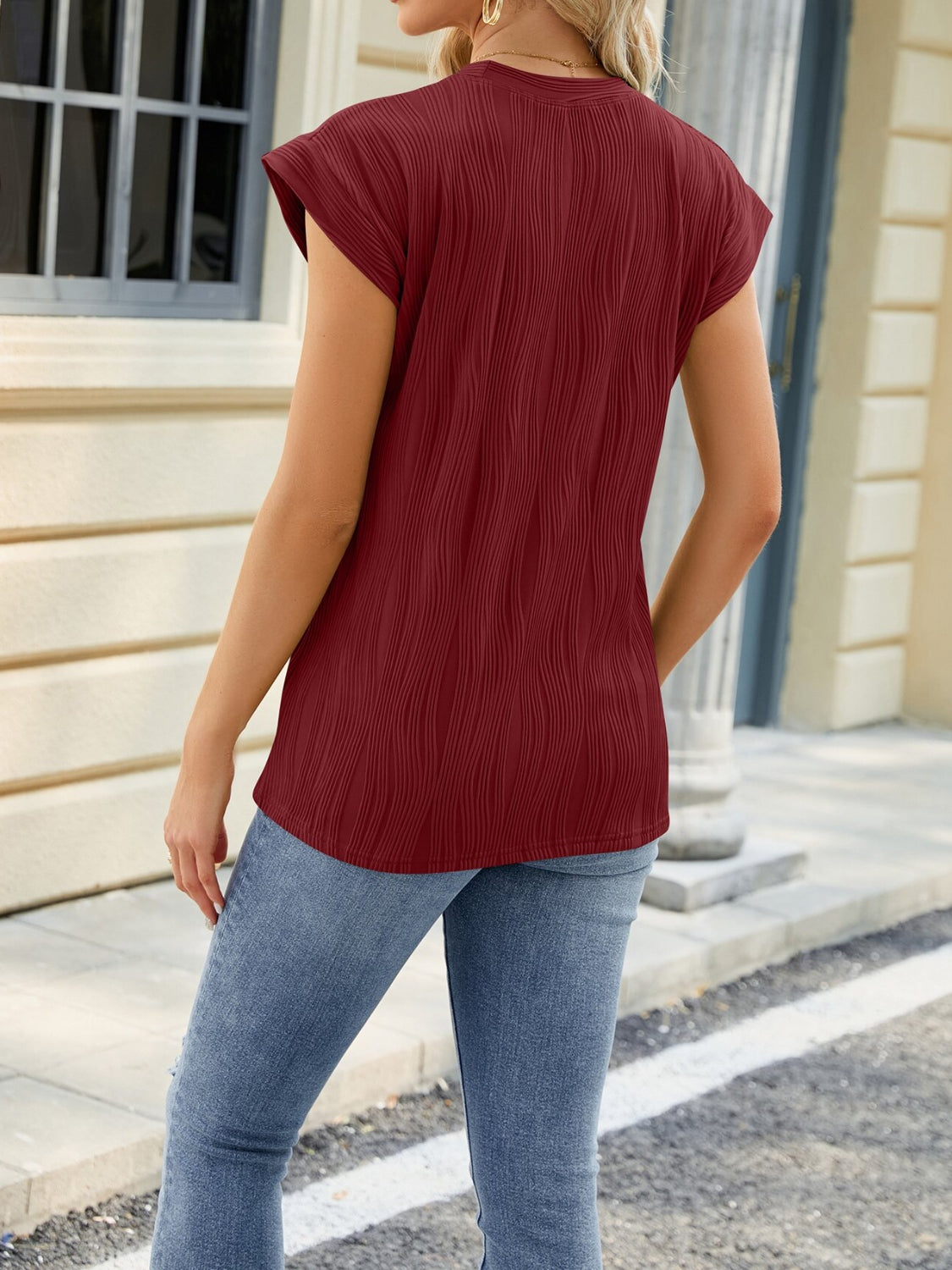 Textured Round Neck Cap Sleeve T-Shirt