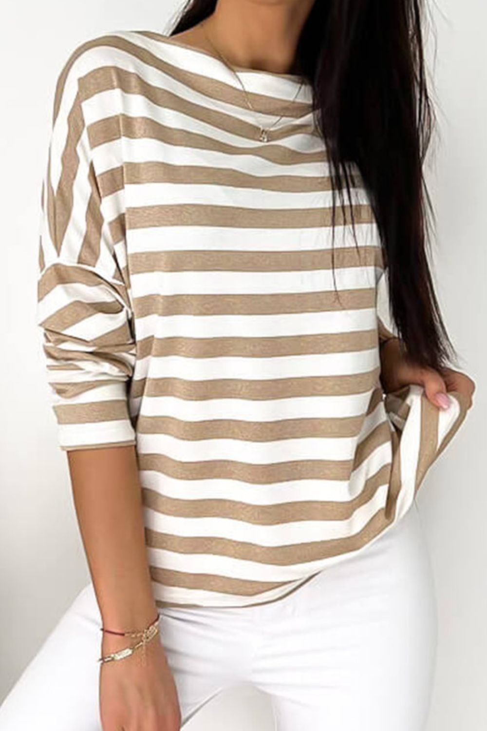 Striped Round Neck Long Sleeve Blouse