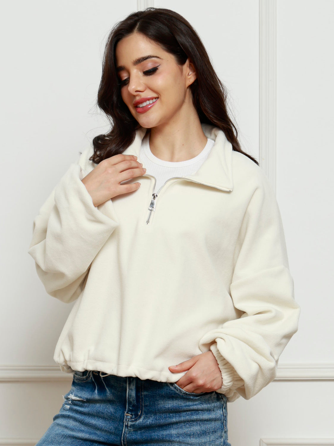 Half-Zip Collared Drop Shoulder Fleece Sweatshirt