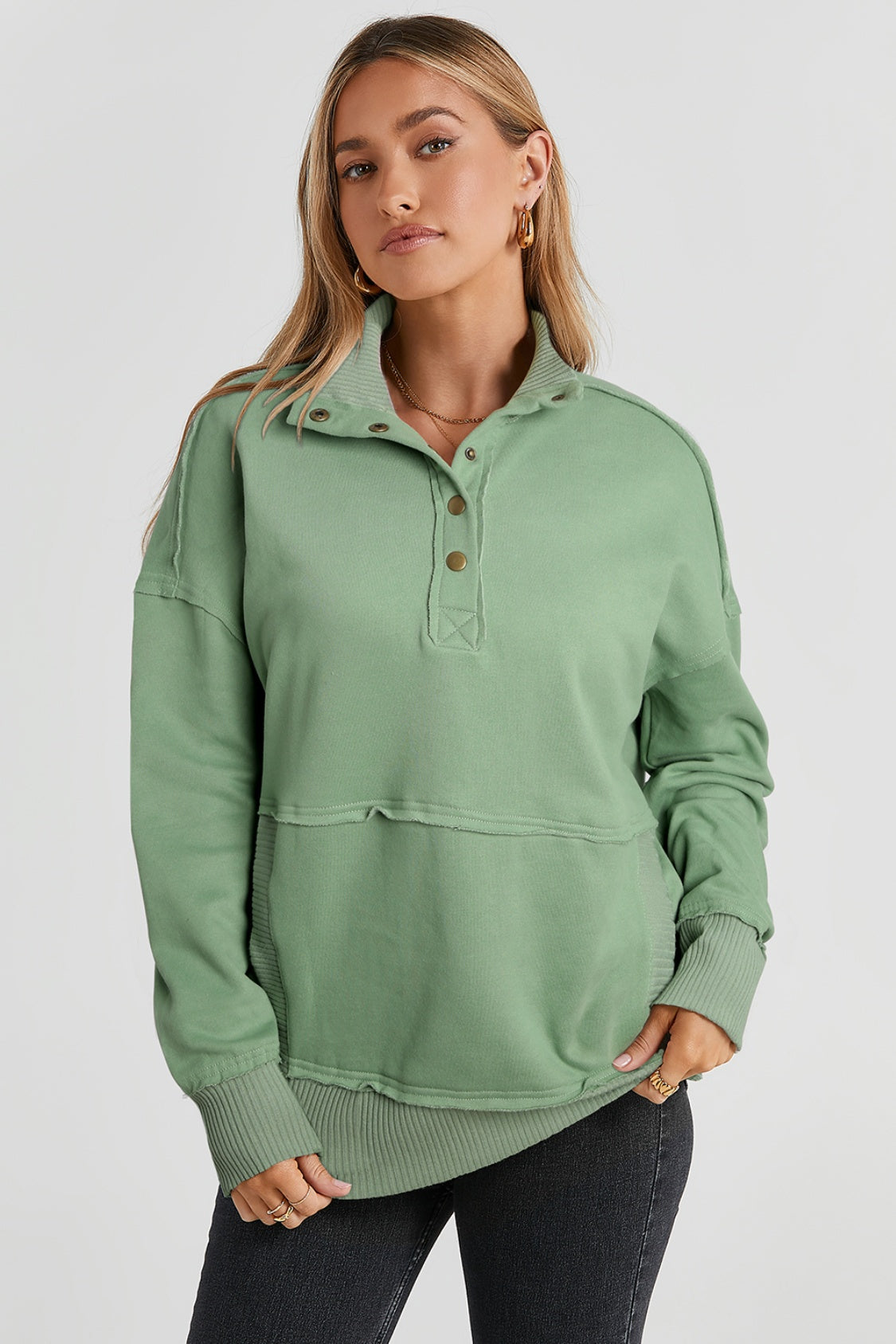 Half Snap Drop Shoulder Long Sleeve Sweatshirt