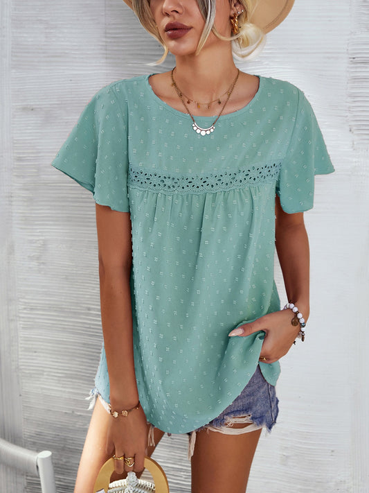 Lace Detail Round Neck Short Sleeve Blouse