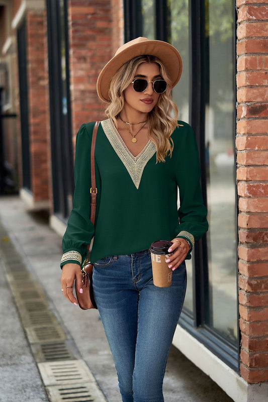 V-Neck Lace Detail Long Sleeve Top