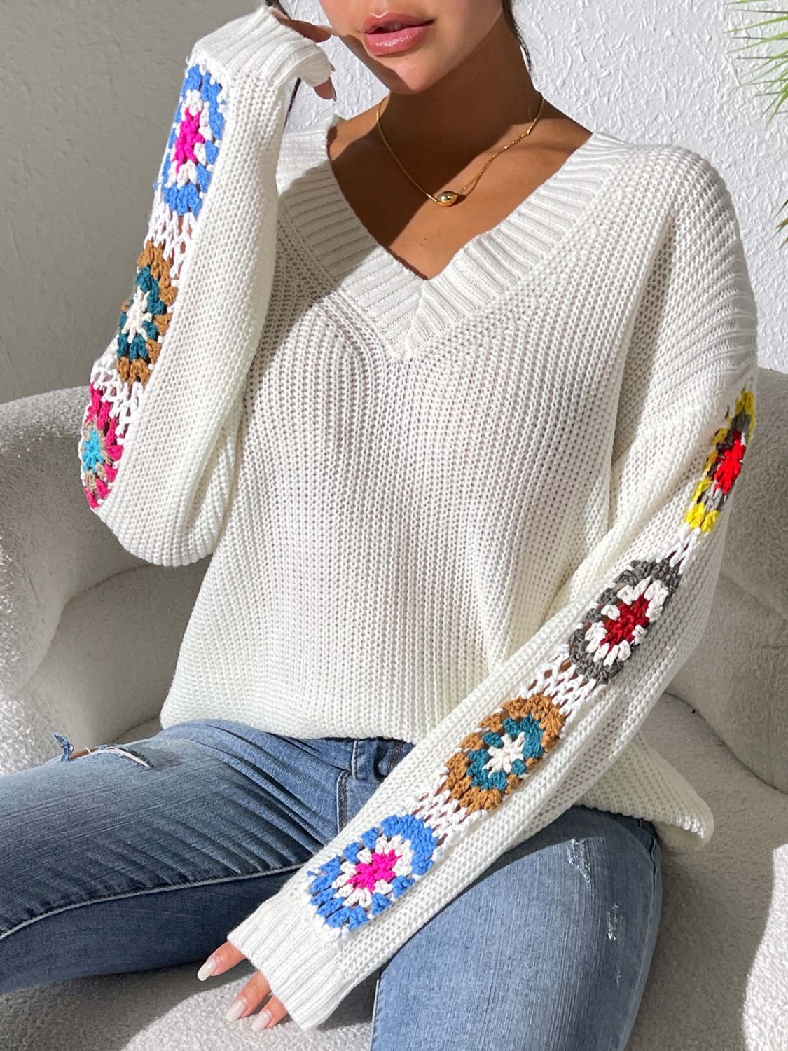 Crochet Flower V-Neck Sweater