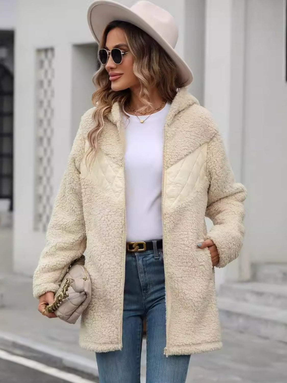 Fuzzy Zip Up Long Sleeve Hooded Jacket