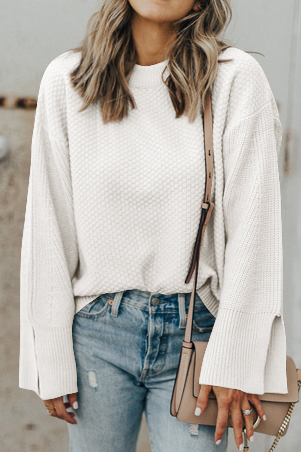 Textured Round Neck Long Sleeve Sweater