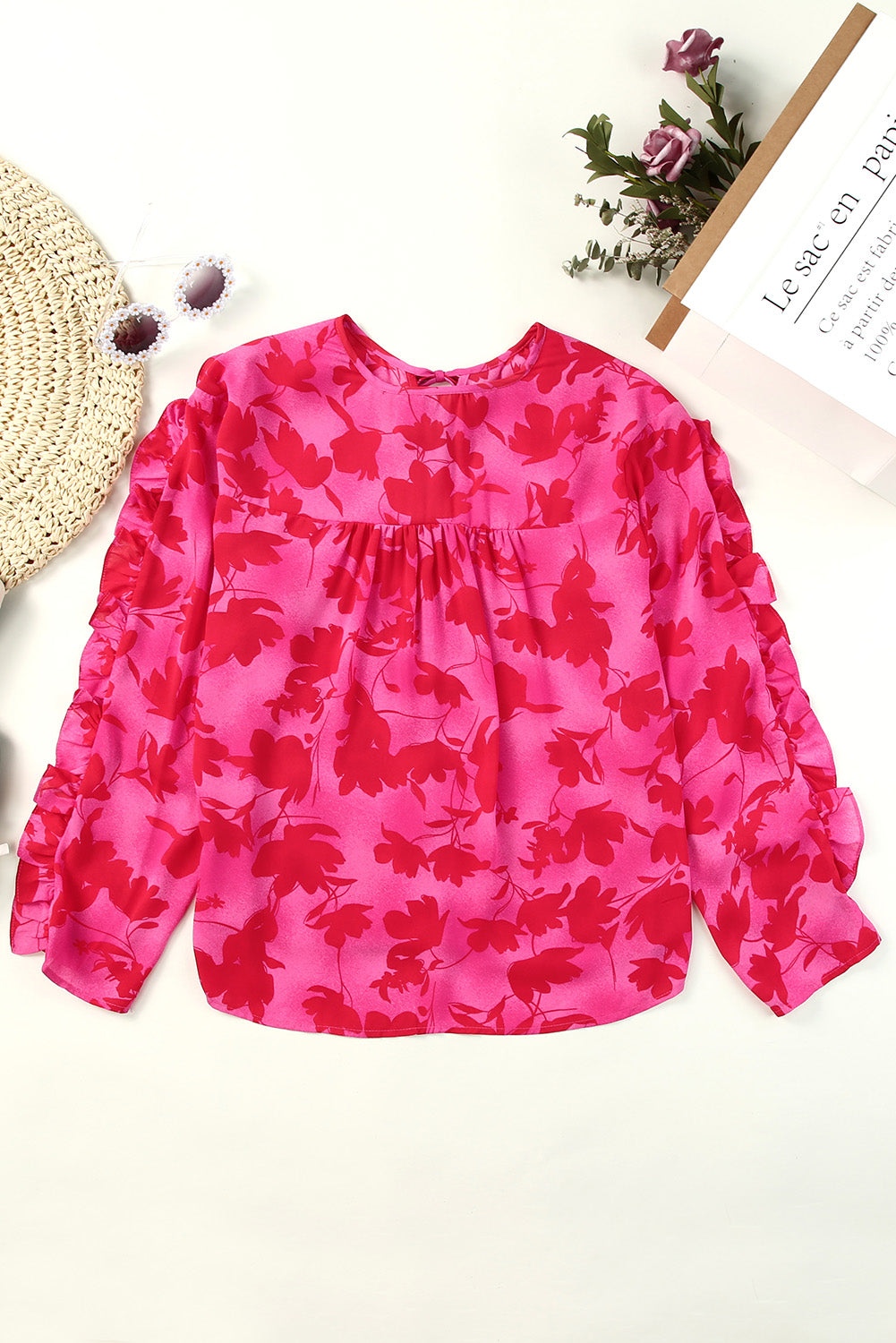 Floral Tie Neck Ruffle Trim Blouse