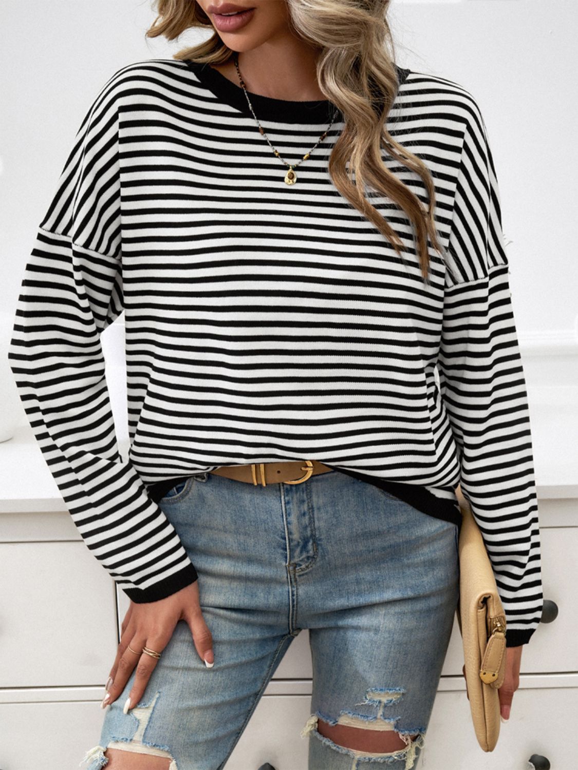 Devine Striped Round Neck Dropped Shoulder Sweater