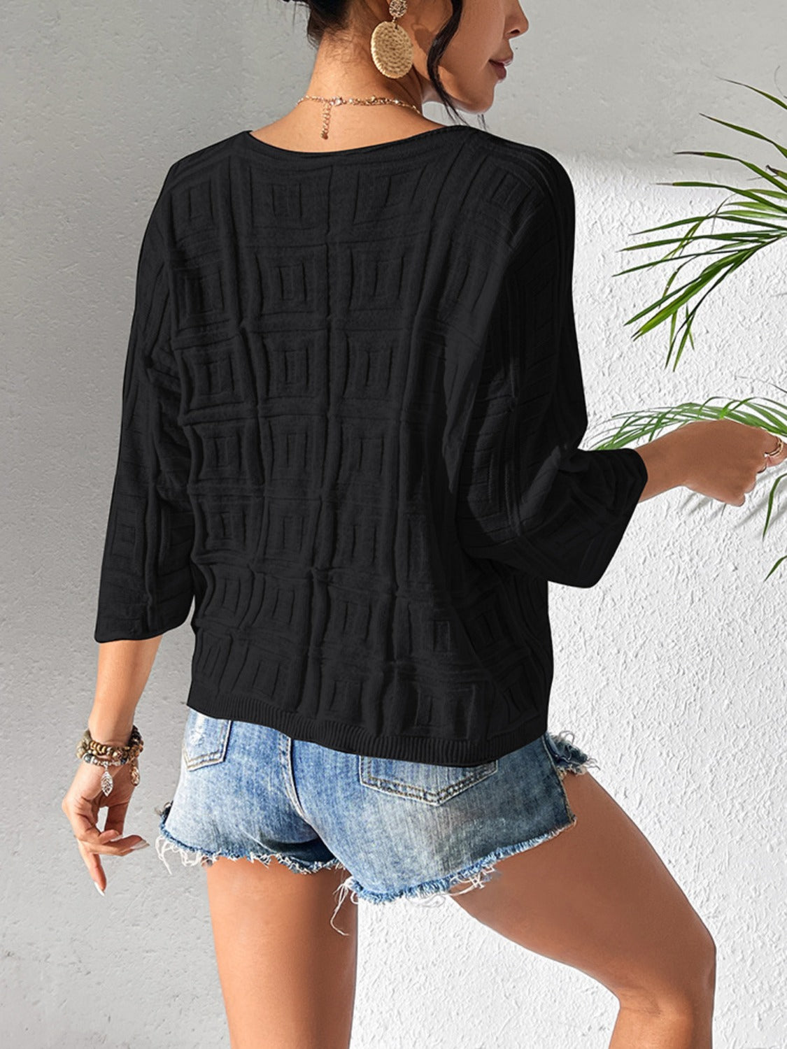 V-Neck Three-Quarter Sleeve Knit Top