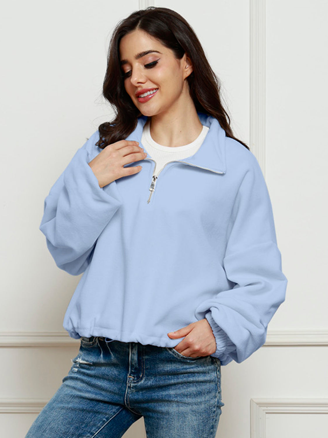 Half-Zip Collared Drop Shoulder Fleece Sweatshirt