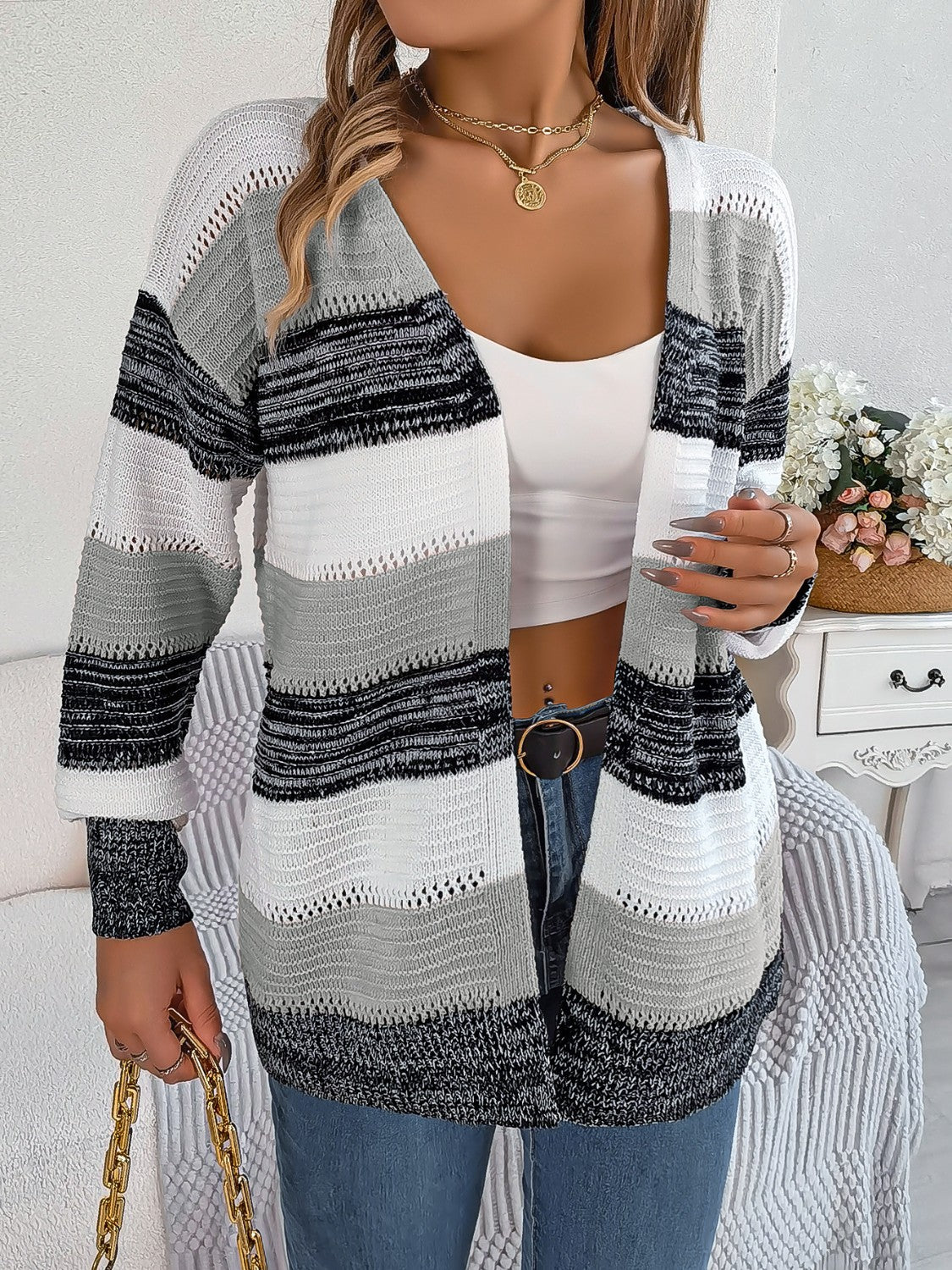 Openwork Striped Open Front Cardigan