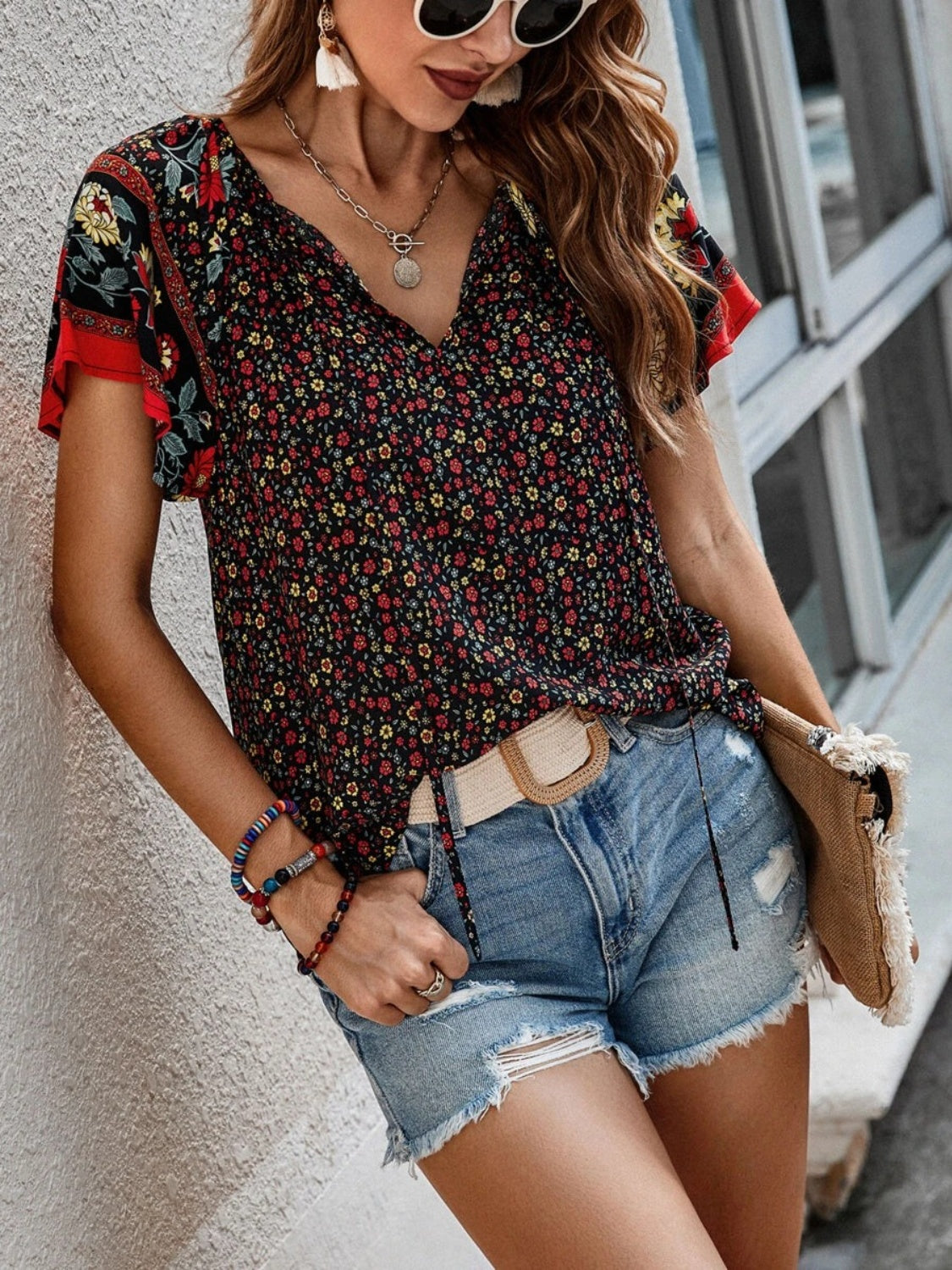 Printed Tie Neck Short Sleeve Blouse