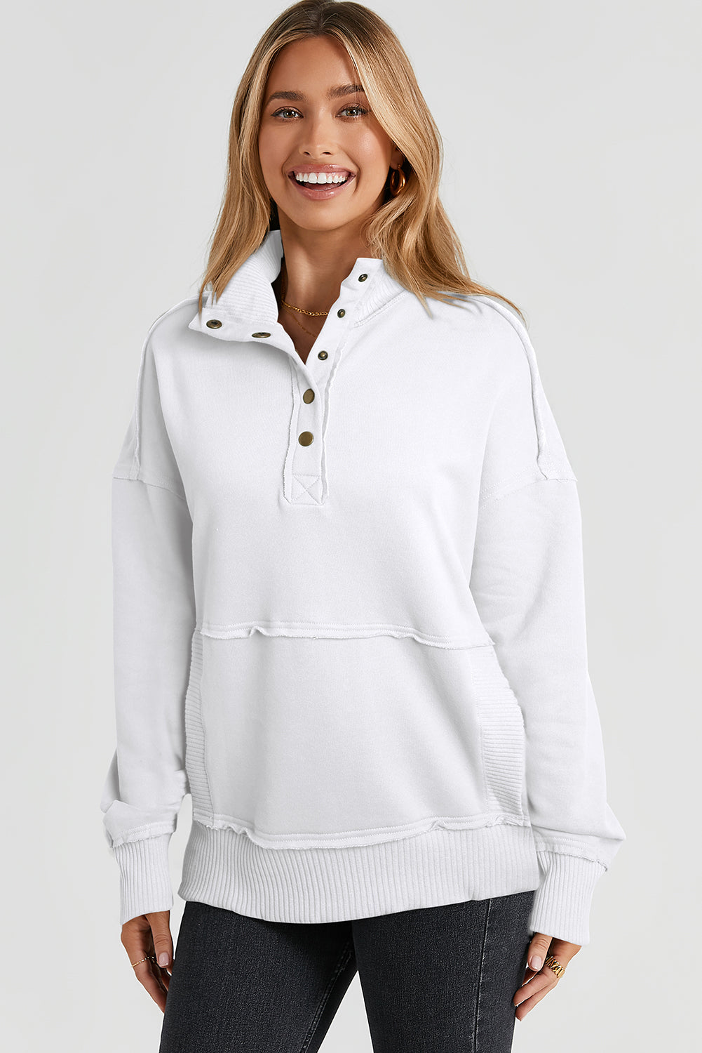 Half Snap Drop Shoulder Long Sleeve Sweatshirt