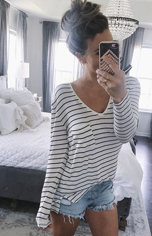 Women's Striped Bottoming Shirt Top Leaning Long-Sleeved T-Shirt