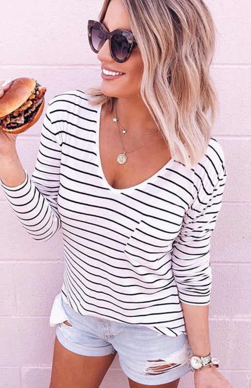 Women's Striped Bottoming Shirt Top Leaning Long-Sleeved T-Shirt