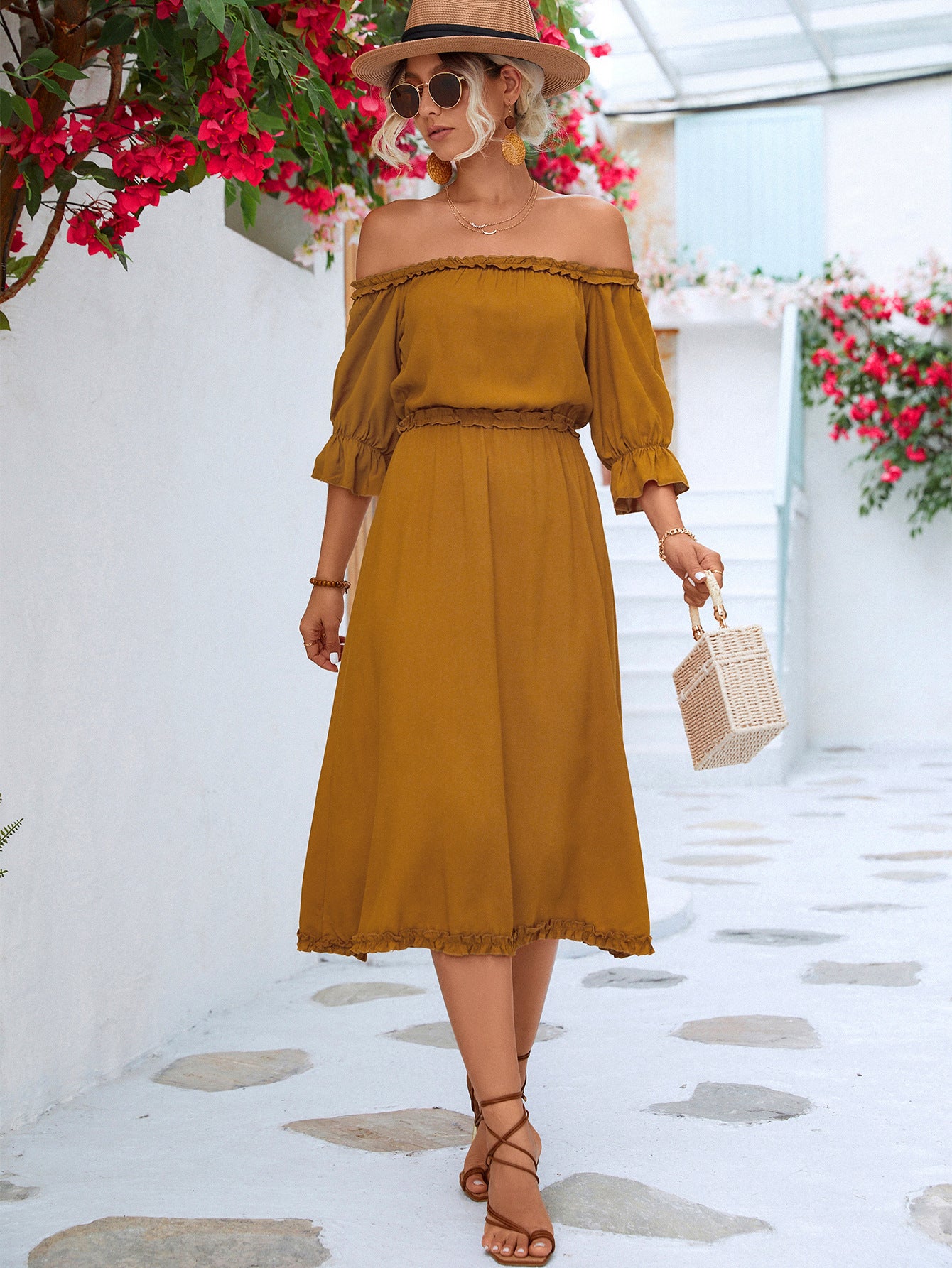 Frilled Off-Shoulder Flounce Sleeve Dress