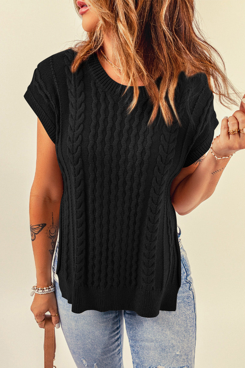 Cable-Knit Side Slit Sweater Vest