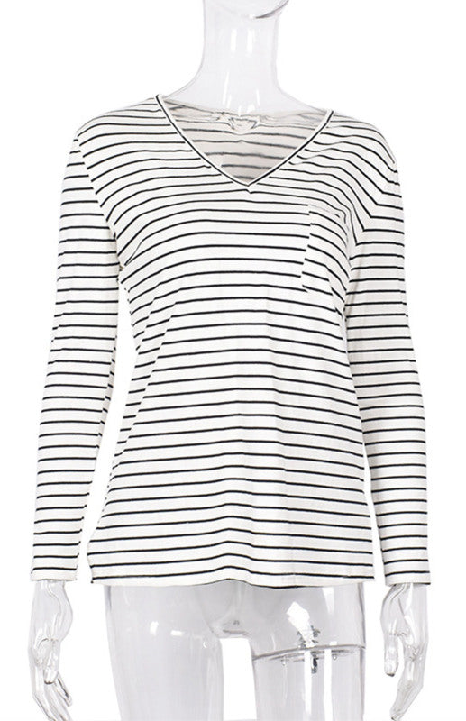 Women's Striped Bottoming Shirt Top Leaning Long-Sleeved T-Shirt