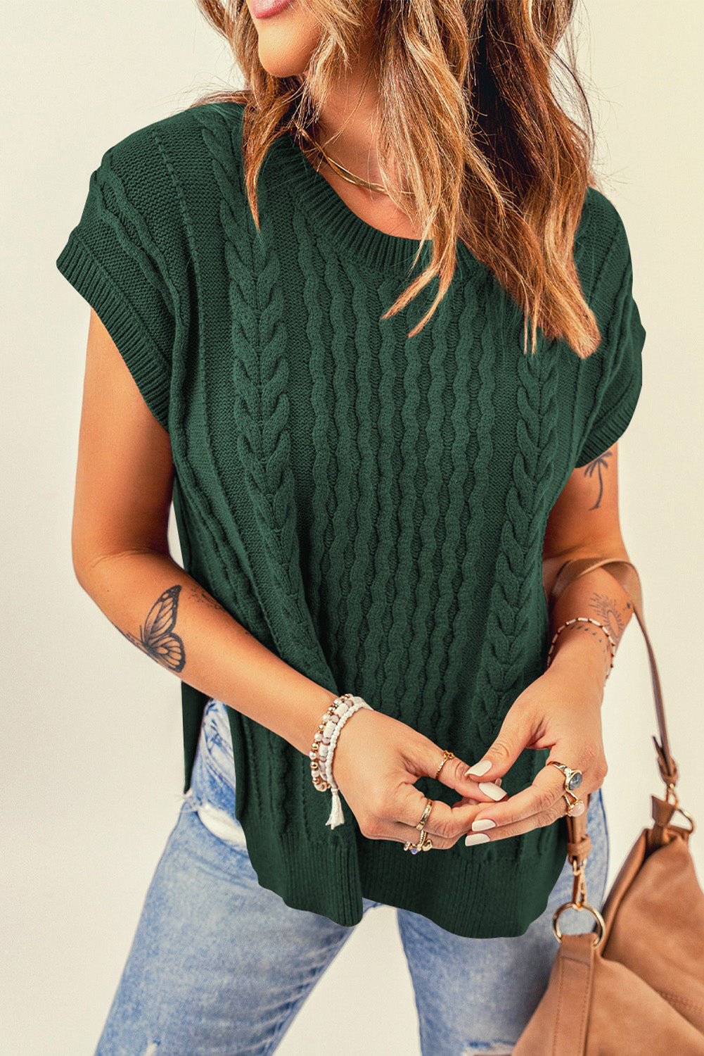 Cable-Knit Side Slit Sweater Vest